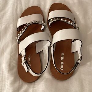 Miu Miu White Leather Crystal Embellished Strappy Sandals